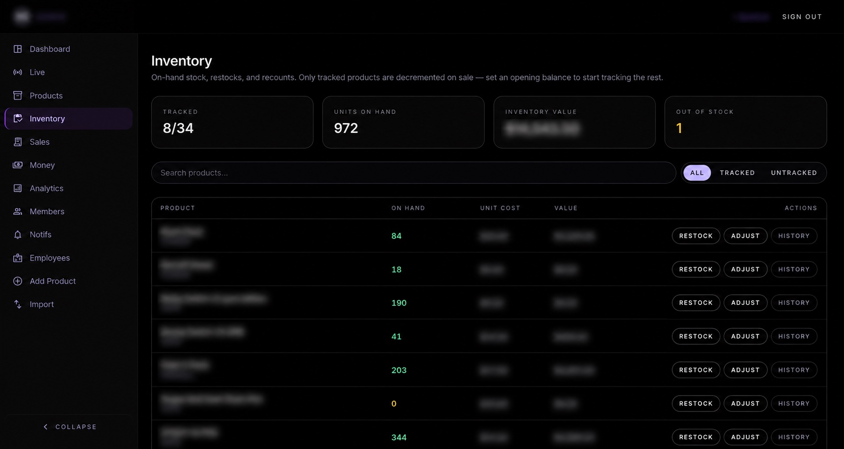 Anonymized inventory workspace showing stock and movement controls