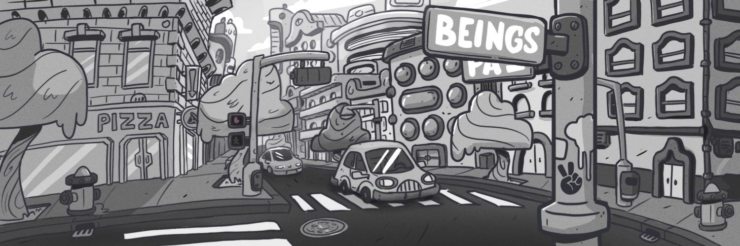 Beings illustrated city and storefronts
